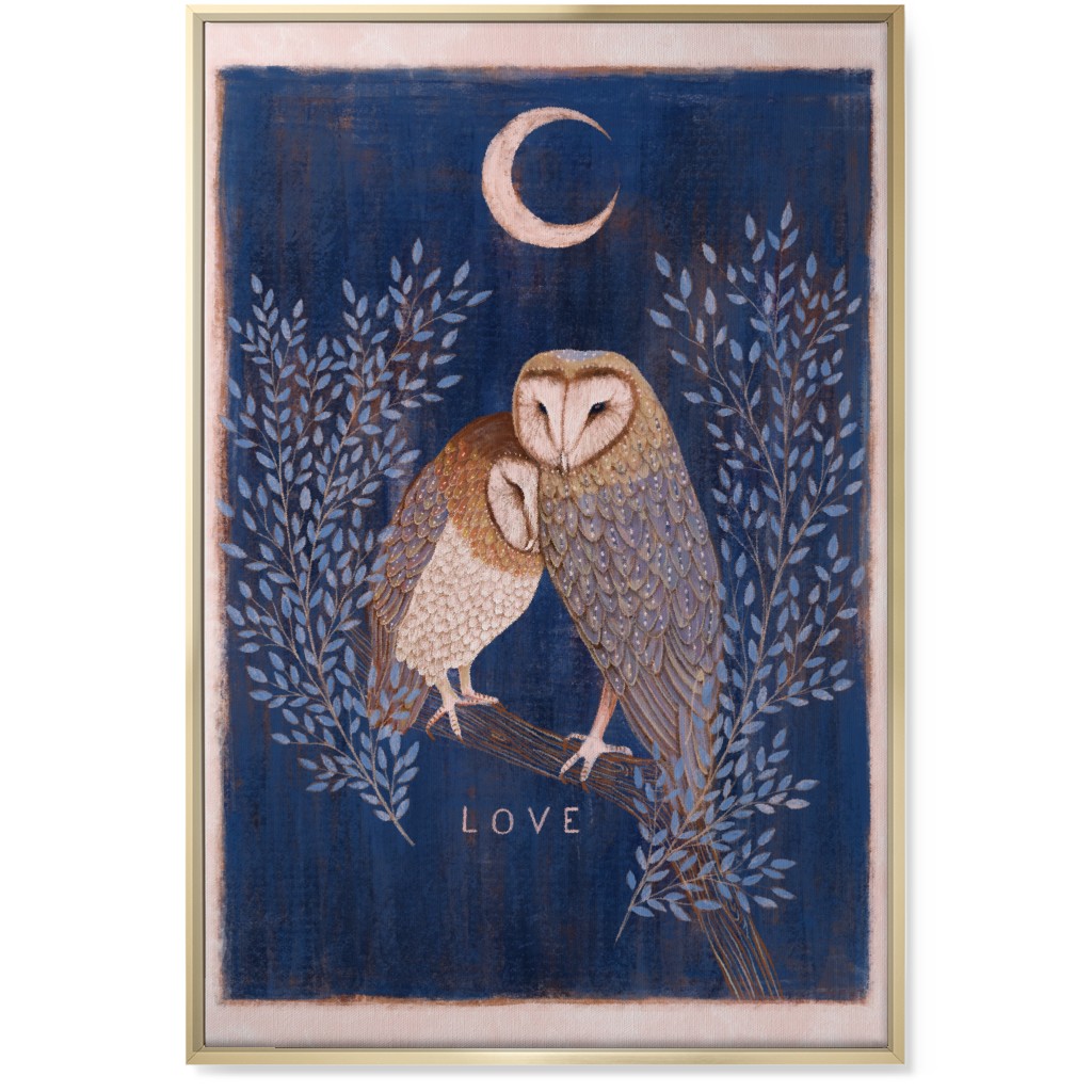 Pair of Barn Owls At Night Wall Art, Gold, Single piece, Canvas, 24x36, Blue, True Blue
