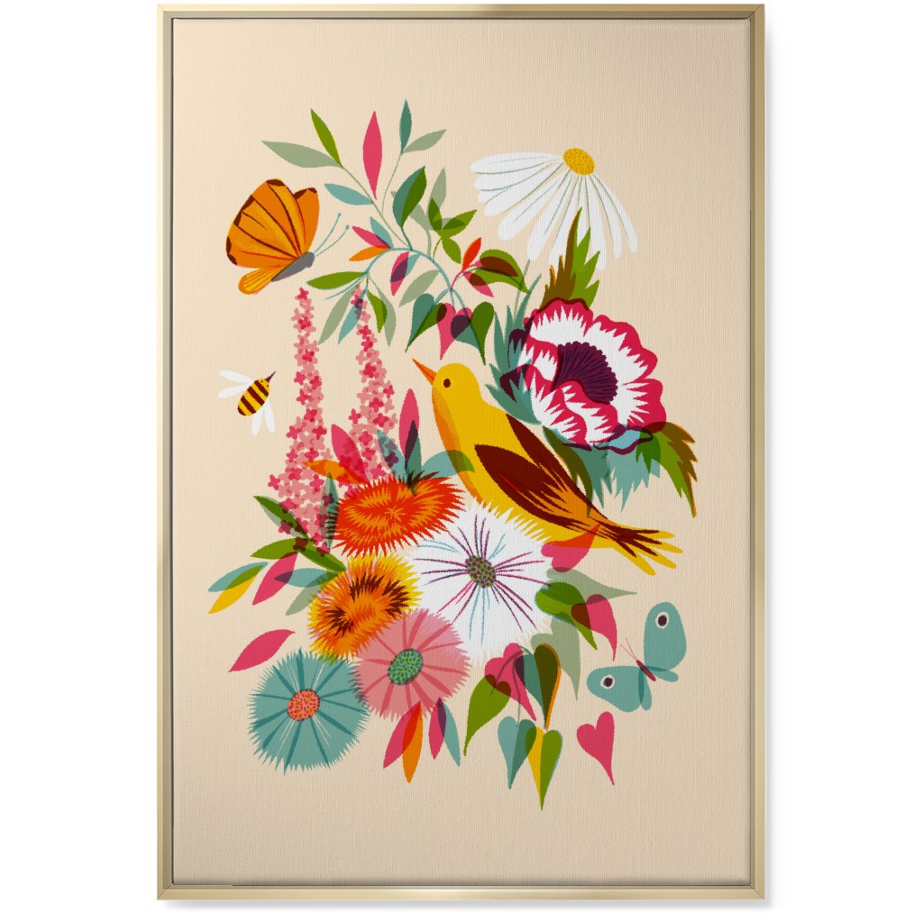 Florals With Pirol and Butterfly - Multi Wall Art, Gold, Single piece, Canvas, 24x36, Multicolor
