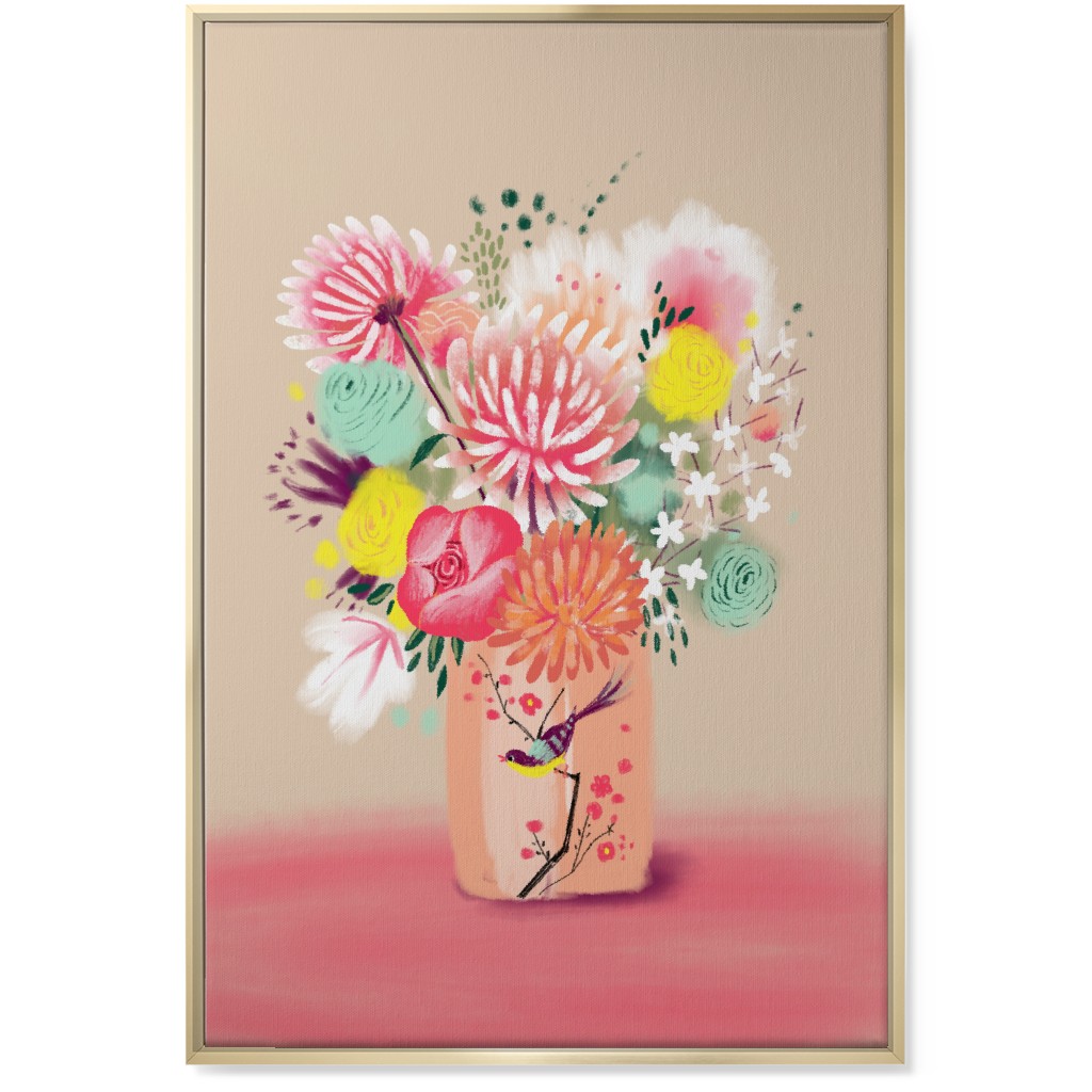 Bouquet in a Bird Vase Wall Art, Gold, Single piece, Canvas, 24x36, Pink, Bright Pink