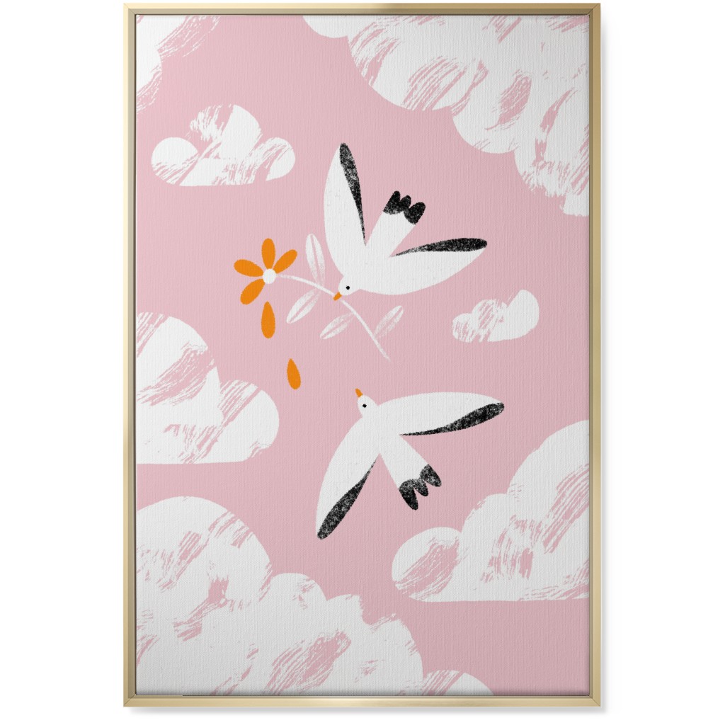 Two Birds in the Pink Sky Wall Art, Gold, Single piece, Canvas, 24x36, Pink, Bright Pink