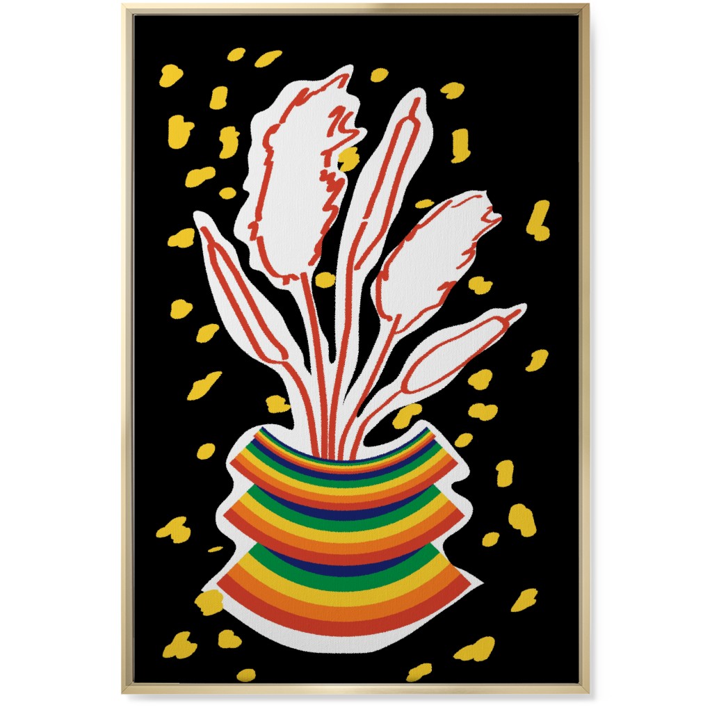 Retro Rainbow Abstract Floral in Vase - Multi on Black Wall Art, Gold, Single piece, Canvas, 24x36, Multicolor