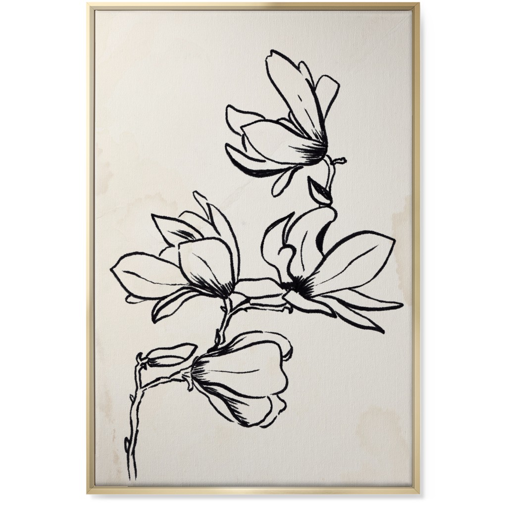 Vintage Magnolia Sketch - Beige and Black Wall Art, Gold, Single piece, Canvas, 24x36, Beige, Pearl
