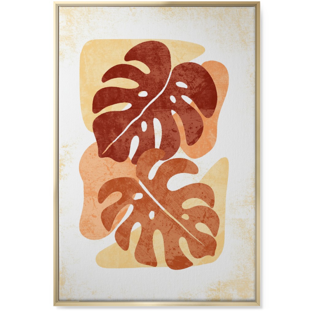 Botanical Monstera Leaves - Earthy Warm Tones Wall Art, Gold, Single piece, Canvas, 24x36, Orange