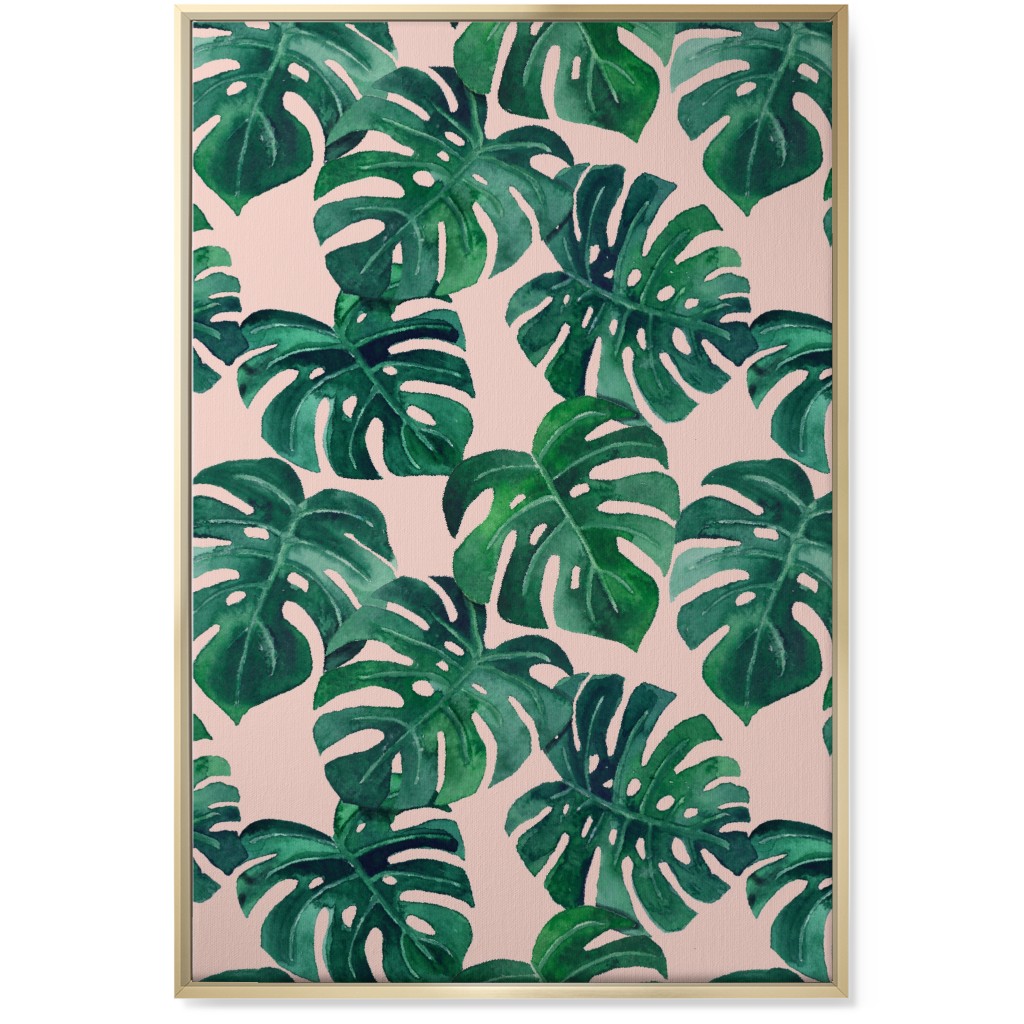 Watercolor Monstera Leaves Wall Art, Gold, Single piece, Canvas, 24x36, Green, Pearl