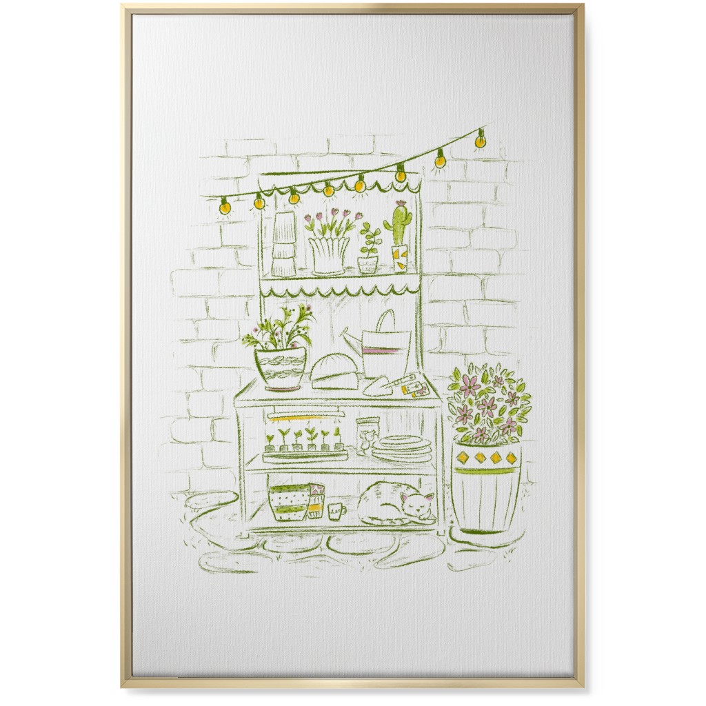 the Cat Nap Potting Stand - Green Wall Art, Gold, Single piece, Canvas, 24x36, Green