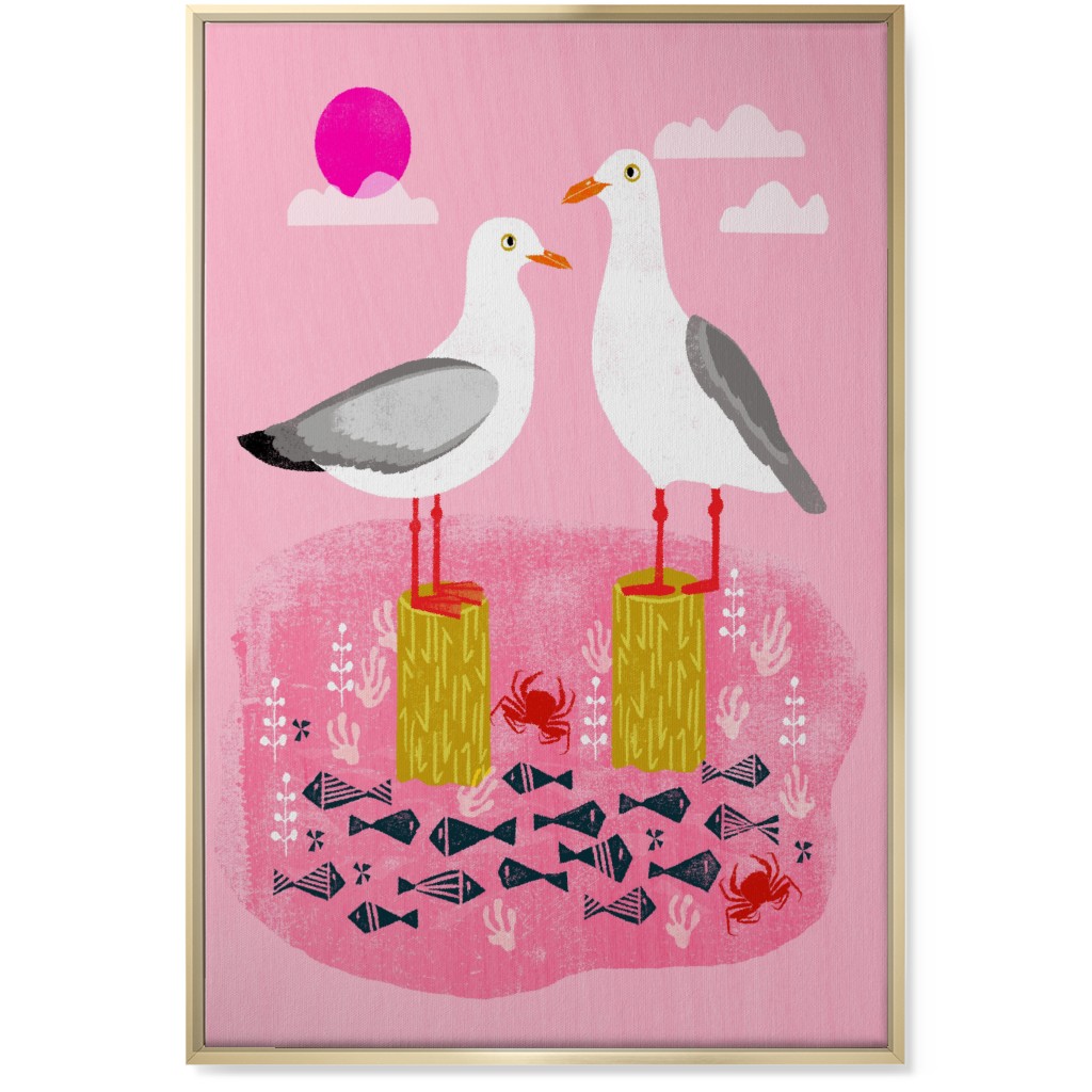 Perched Seagulls - Pink Wall Art, Gold, Single piece, Canvas, 24x36, Pink