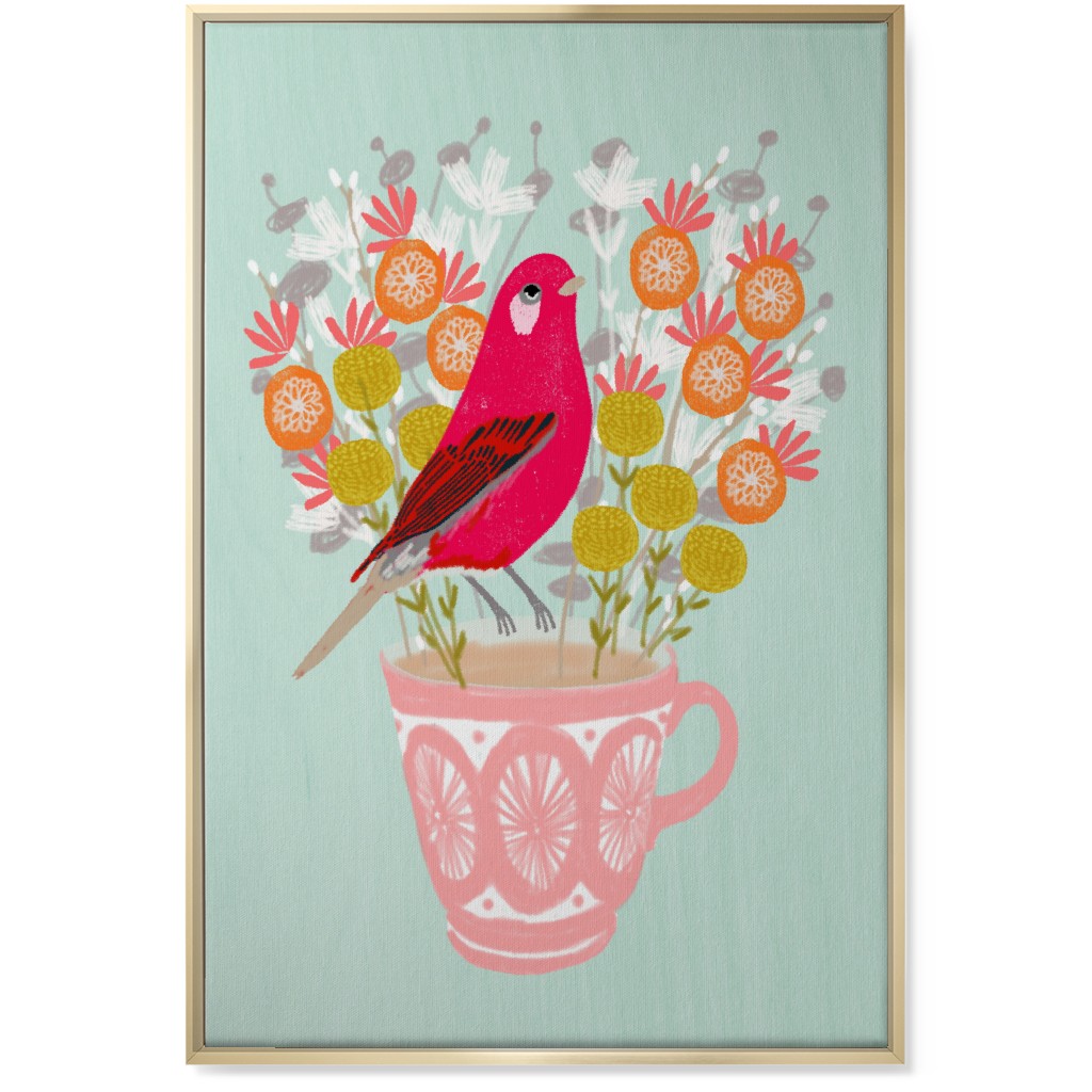 Red Bird on Teacup Bouquet Wall Art, Gold, Single piece, Canvas, 24x36, Multicolor