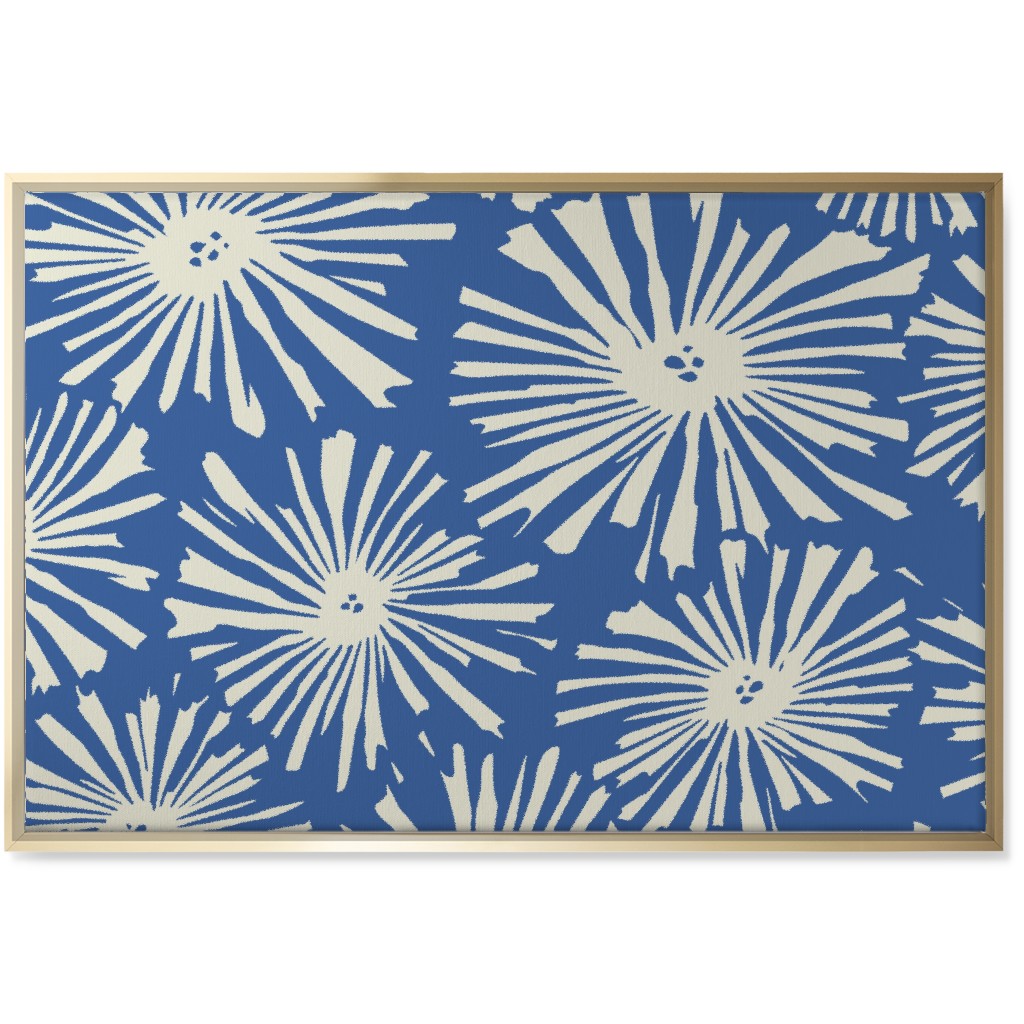 Cactus Blooms - Cream on Blue Wall Art, Gold, Single piece, Canvas, 24x36, Blue, True Blue