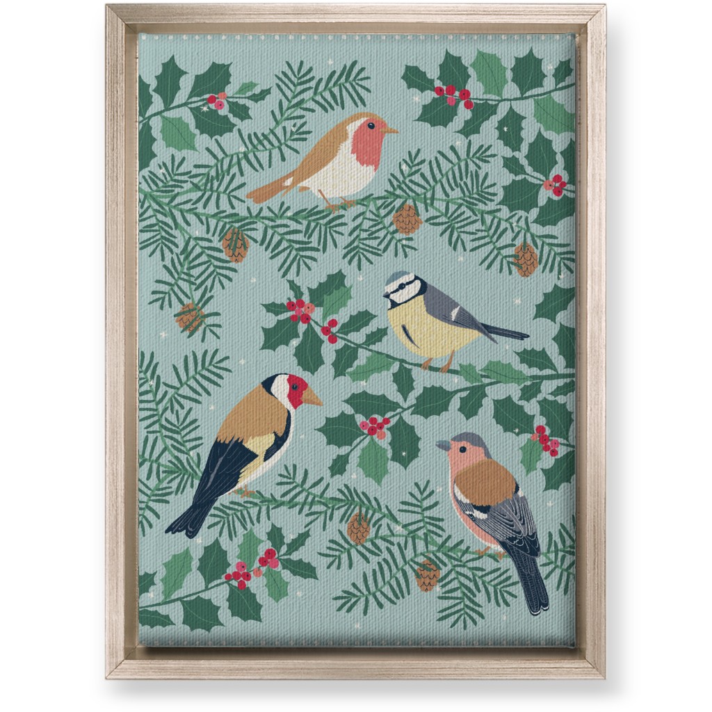 Robin & Friends, Winter Garden Birds - Blue Wall Art, Metallic, Single piece, Canvas, 10x14, Blue, True Blue