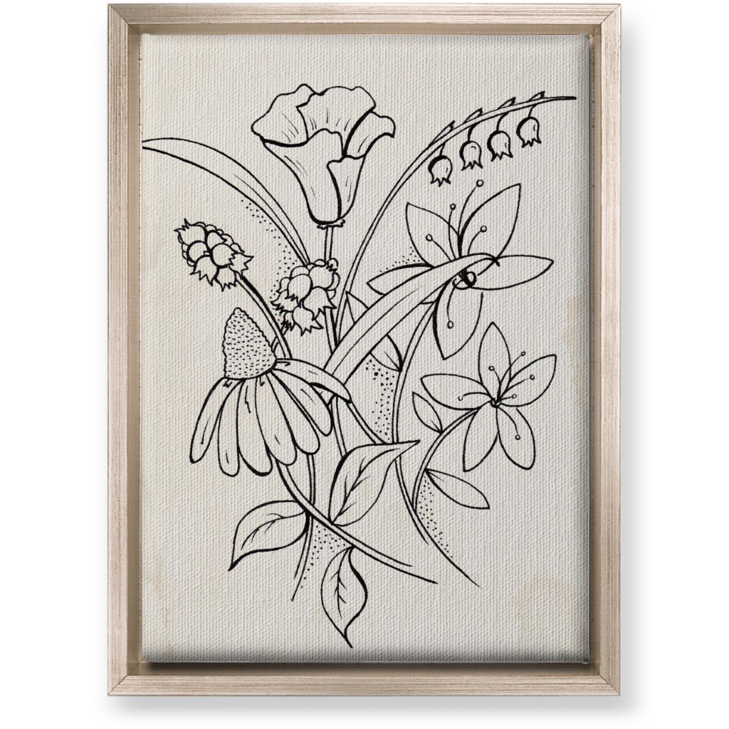 Vintage Wildflower Sketch - Beige and Black Wall Art, Metallic, Single piece, Canvas, 10x14, Beige, Pearl