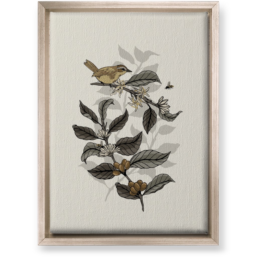 Bee, Bird and Coffee Plant - Neutral Wall Art, Metallic, Single piece, Canvas, 10x14, Beige