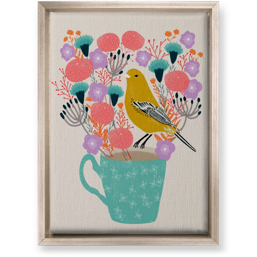 Yellow Bird on Teacup Bouquet Wall Art, Metallic, Single piece, Canvas, 10x14, Multicolor