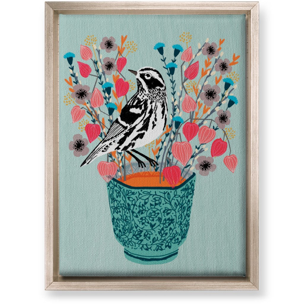 Warbler Bird - Black & White on Blue Flower Pot Wall Art, Metallic, Single piece, Canvas, 10x14, Multicolor