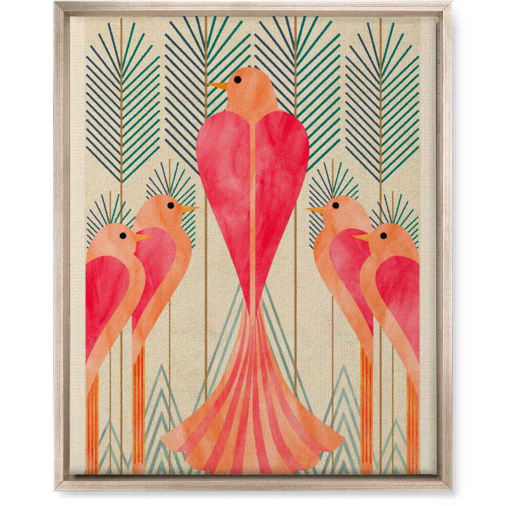 Modern Love Birds in a Pine Forest Wall Art, Metallic, Single piece, Canvas, 16x20, Pink