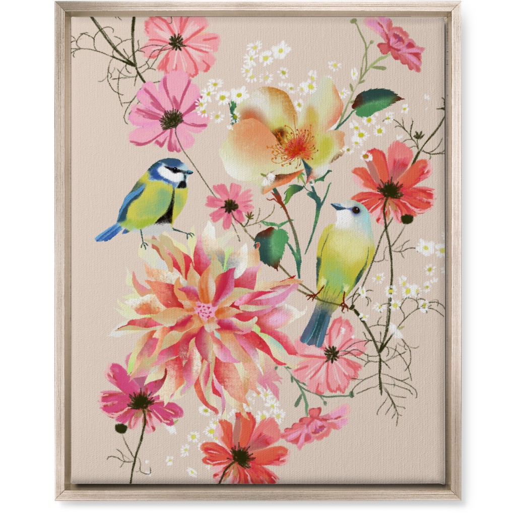 Birds With Dahlias and Cosmea Wall Art, Metallic, Single piece, Canvas, 16x20, Pink