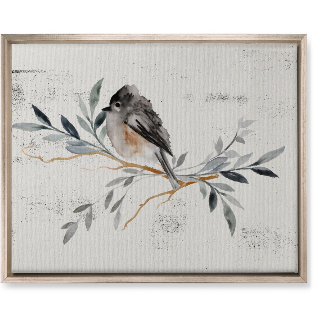 Winter Bird on Branch - Blue Wall Art, Metallic, Single piece, Canvas, 16x20, Gray