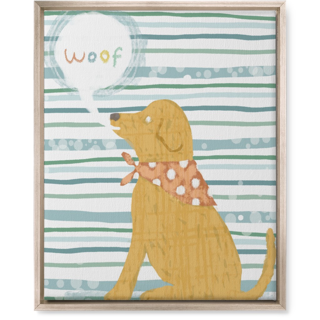 Woof, Dog - Yellow and Blue Wall Art, Metallic, Single piece, Canvas, 16x20, Blue