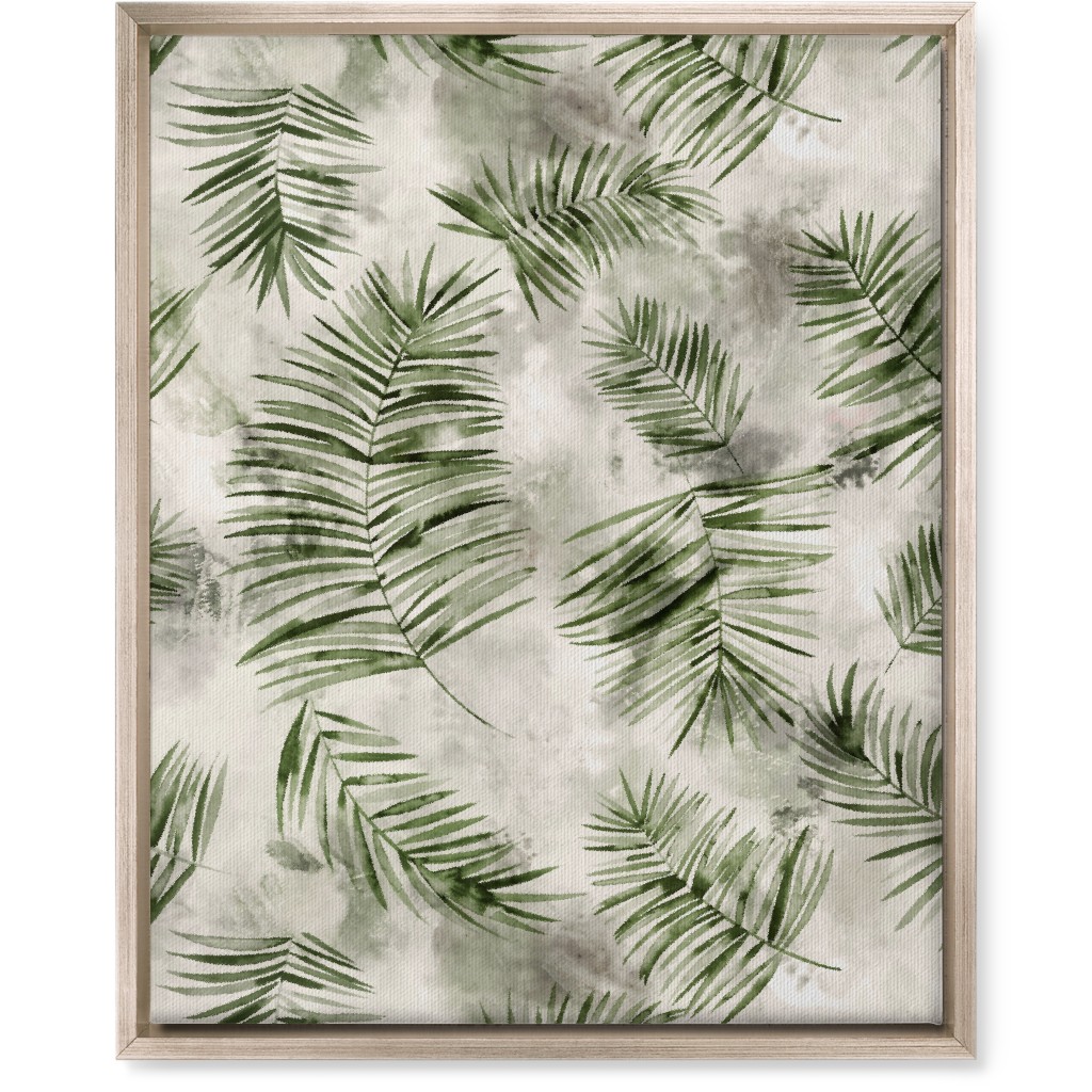 Watercolor Botanical Palms - Green on Beige Wall Art, Metallic, Single piece, Canvas, 16x20, Green