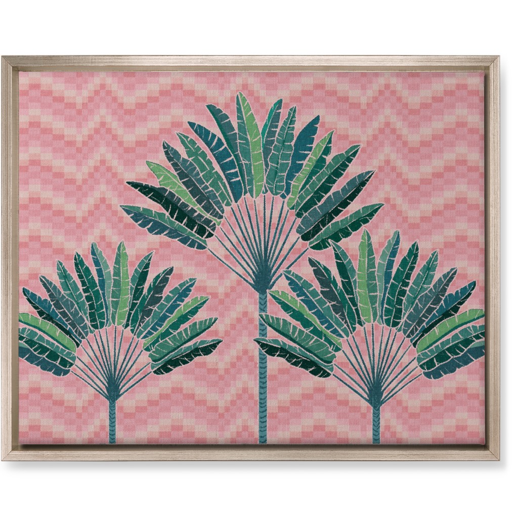 Palms on Wave Grid - Pink Wall Art, Metallic, Single piece, Canvas, 16x20, Pink, Bright Pink