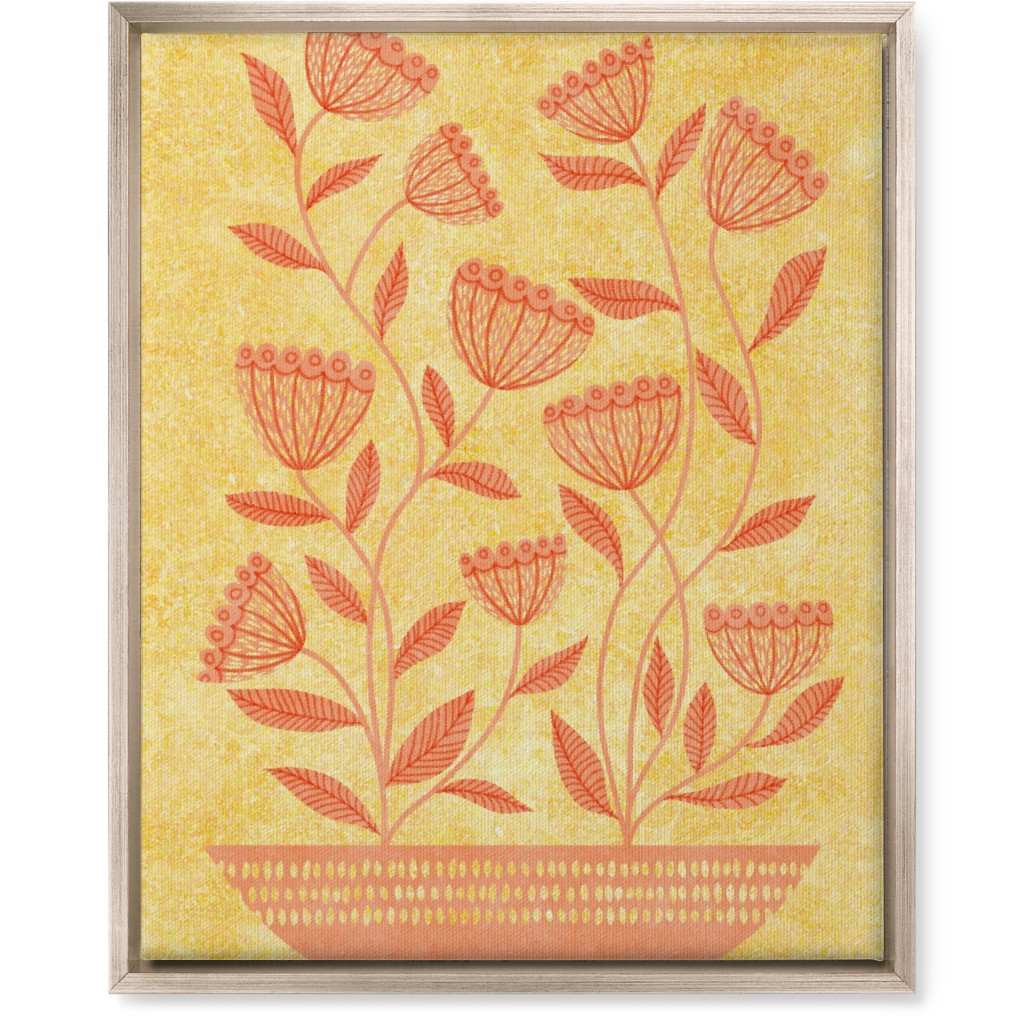 Mid Century Modern Orange Floral on Yellow Wall Art, Metallic, Single piece, Canvas, 16x20, Orange, Orange