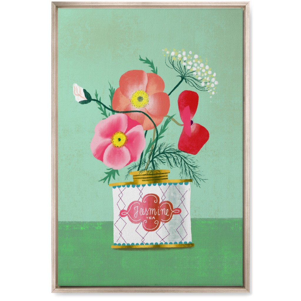 Poppies in Jasmine Tea Tin Wall Art, Metallic, Single piece, Canvas, 20x30, Green