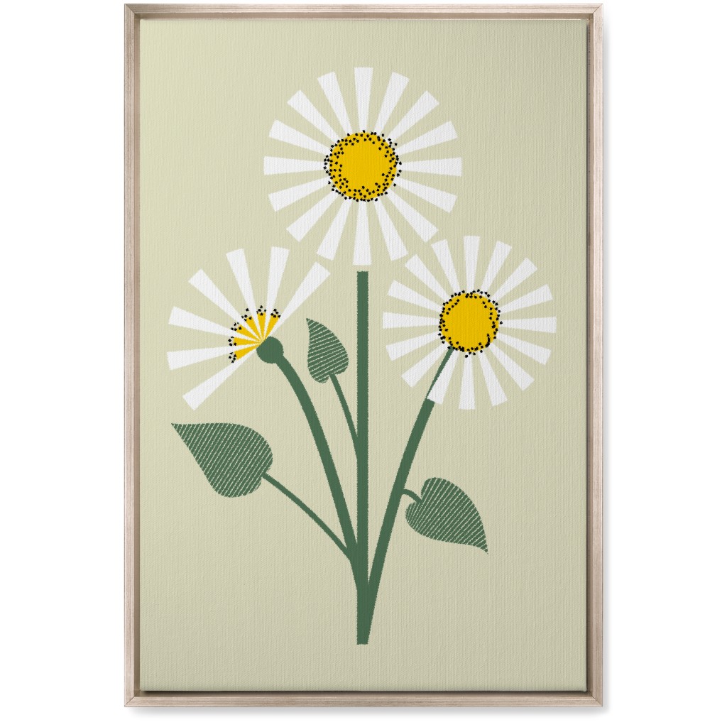 Abstract Daisy Flower - White on Beige Wall Art, Metallic, Single piece, Canvas, 20x30, Green