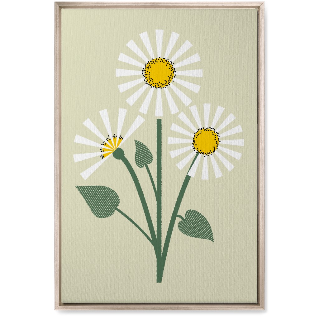 Abstract Daisy Flower - White on Beige Wall Art, Metallic, Single piece, Canvas, 20x30, Green, Classic Green