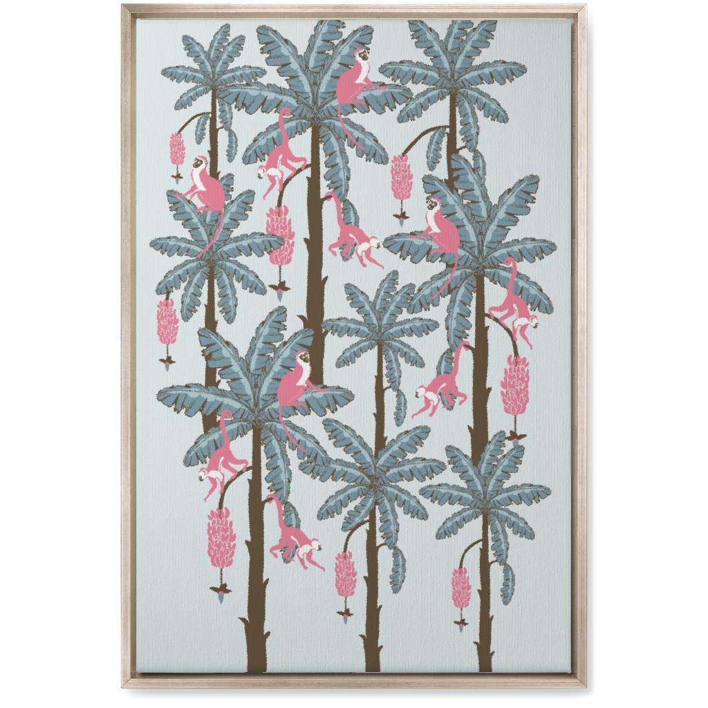 Monkey and Banana Trees - Blue and Pink Wall Art, Metallic, Single piece, Canvas, 20x30, Blue