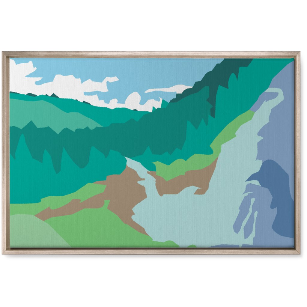 Minimalist Valley Forest Waterfall - Green and Blue Wall Art, Metallic, Single piece, Canvas, 20x30, Green, Classic Green
