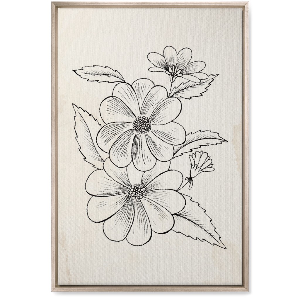 Vintage Flower Sketch - Beige and Black Wall Art, Metallic, Single piece, Canvas, 20x30, Beige