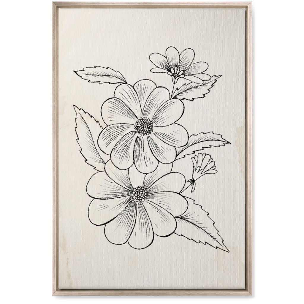 Vintage Flower Sketch - Beige and Black Wall Art, Metallic, Single piece, Canvas, 20x30, Beige, Pearl