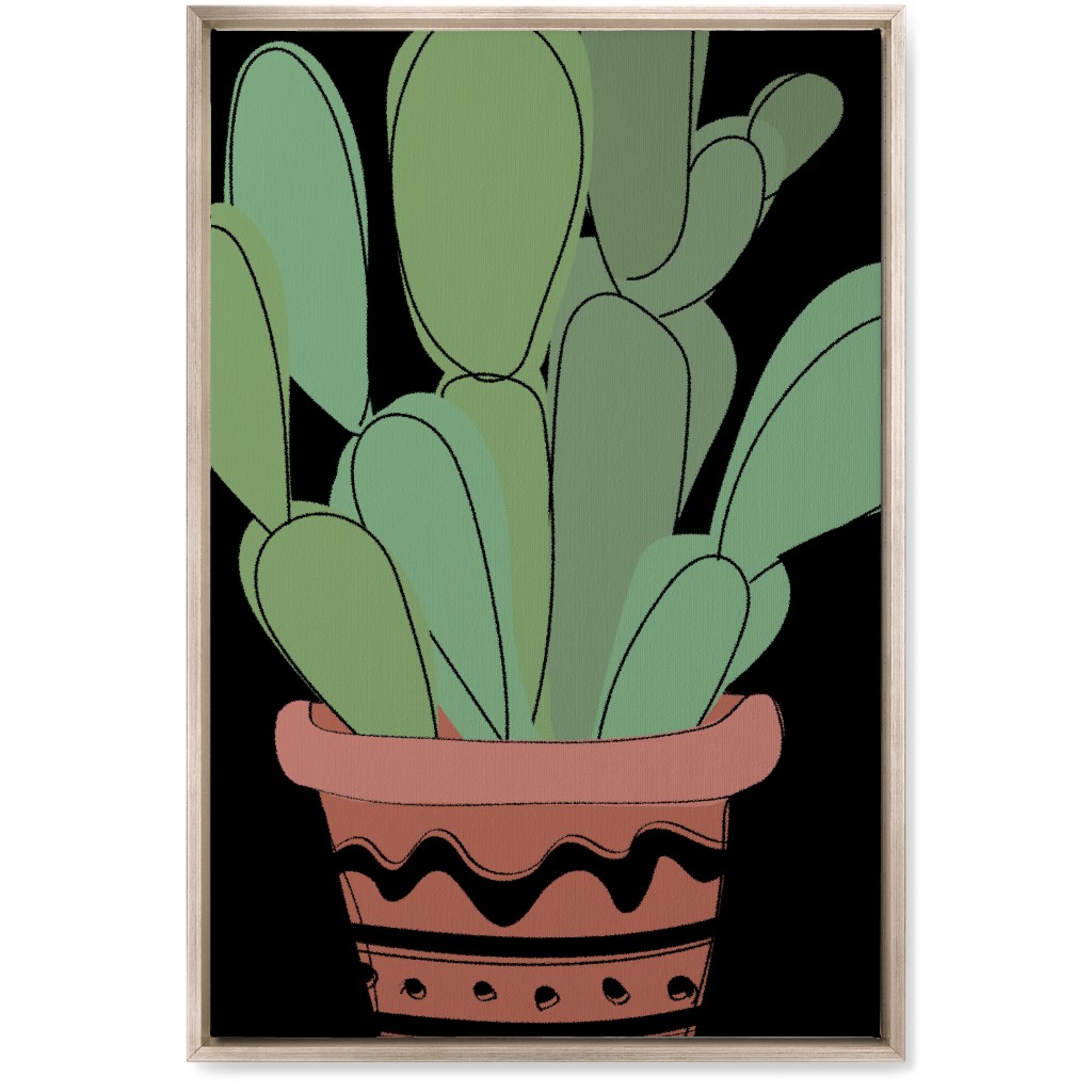 Potted Prickly Pear Cactus - Green and Black Wall Art, Metallic, Single piece, Canvas, 20x30, Green, Classic Green