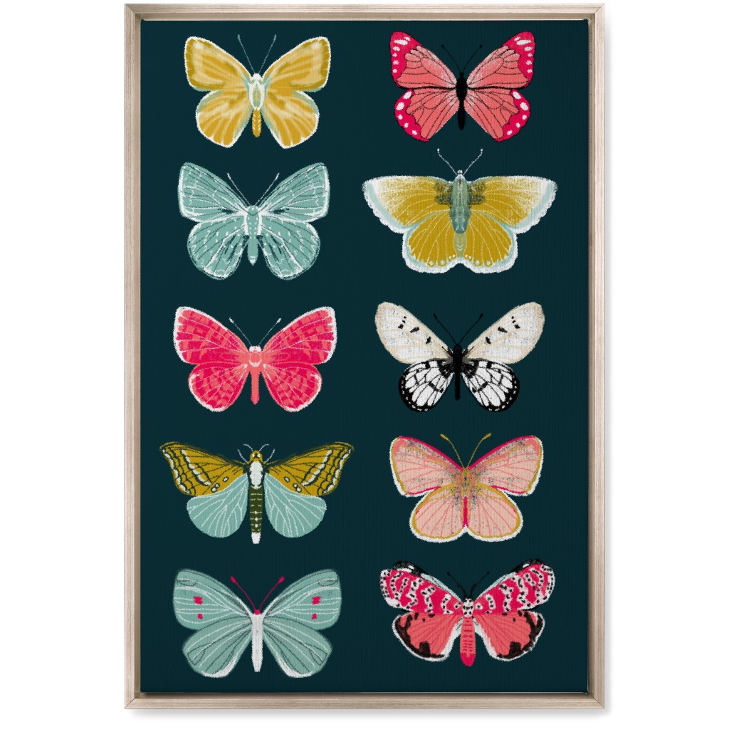Butterflies Botanic Nature - Multi on Navy Wall Art, Metallic, Single piece, Canvas, 20x30, Multicolor