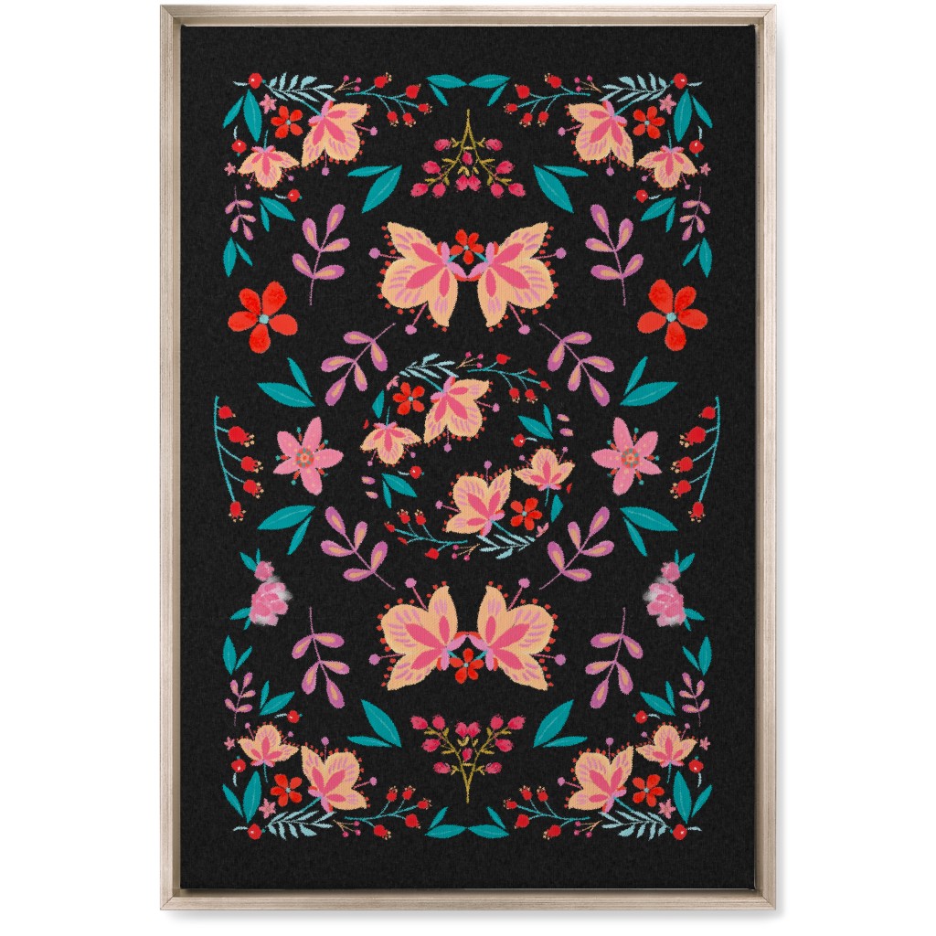 Pink Flora Folk Art on Black Wall Art, Metallic, Single piece, Canvas, 20x30, Multicolor