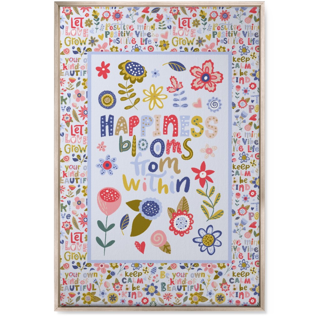 Happiness Blooms From Within - Inspirational Floral Wall Art, Metallic, Single piece, Canvas, 24x36, Multicolor