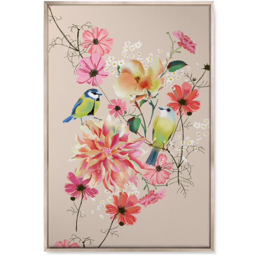 Birds With Dahlias and Cosmea Wall Art, Metallic, Single piece, Canvas, 24x36, Pink