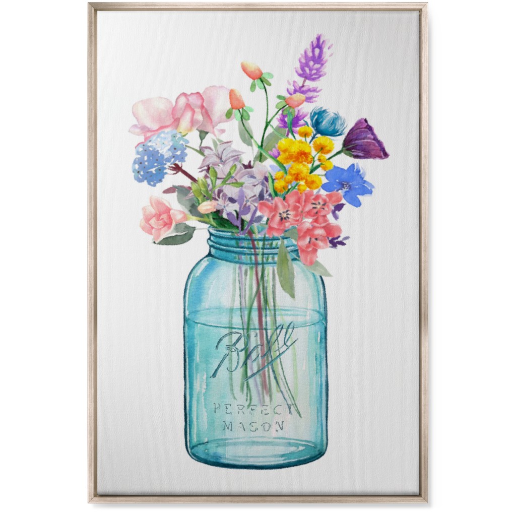 Watercolor Floral Mason Jar Bouquet Painting - Multi Wall Art, Metallic, Single piece, Canvas, 24x36, Multicolor