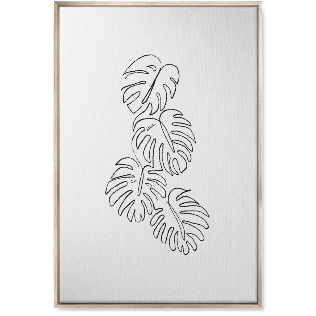 Monstera Leaf Line Art - Black and White Wall Art, Metallic, Single piece, Canvas, 24x36, White, White