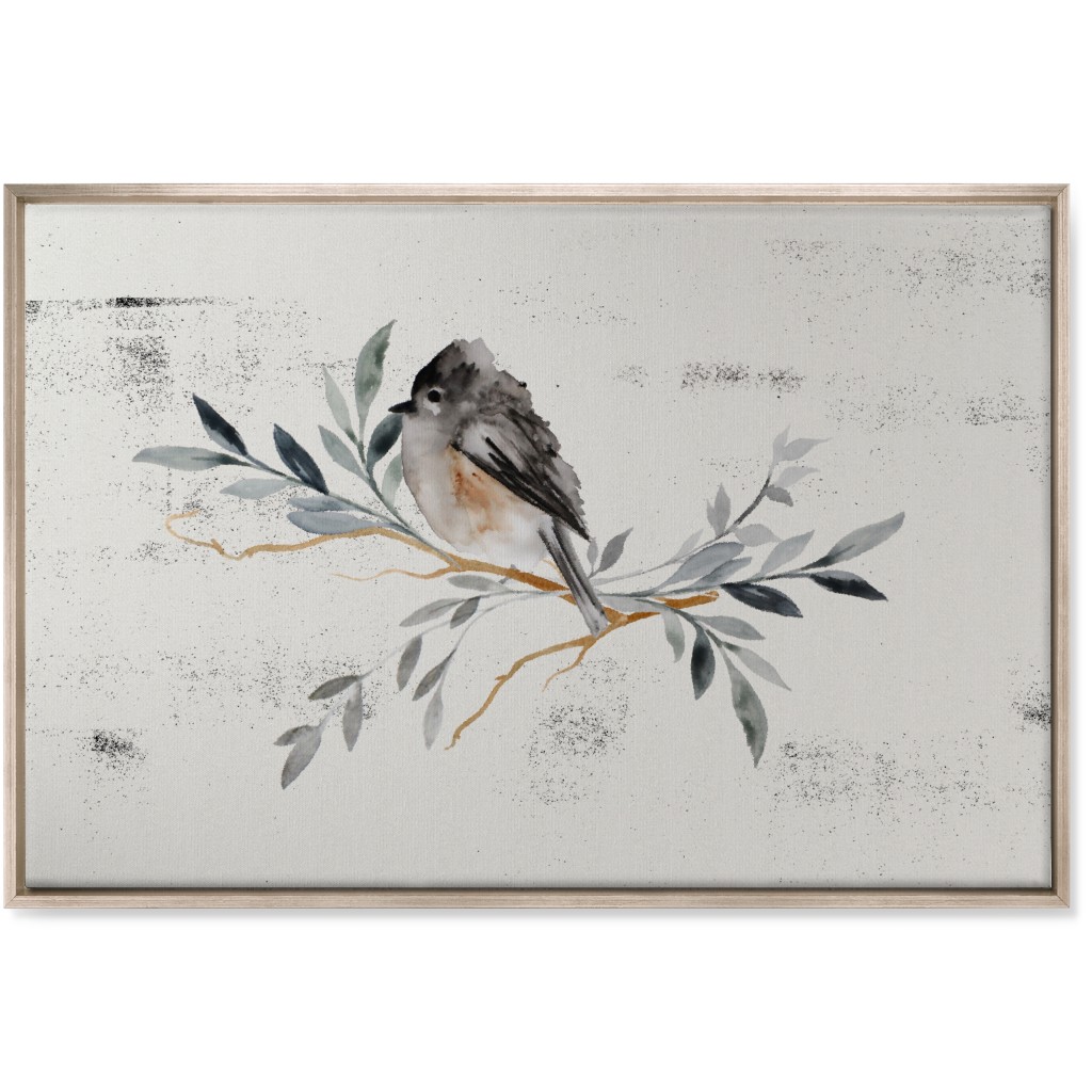 Winter Bird on Branch - Blue Wall Art, Metallic, Single piece, Canvas, 24x36, Gray, Gray
