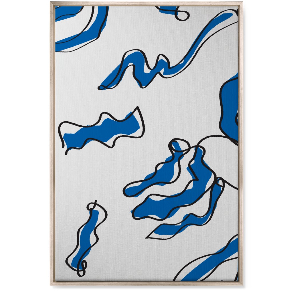 Modern Abstract Line Art Noodles - Blue and Neutral Wall Art, Metallic, Single piece, Canvas, 24x36, Blue