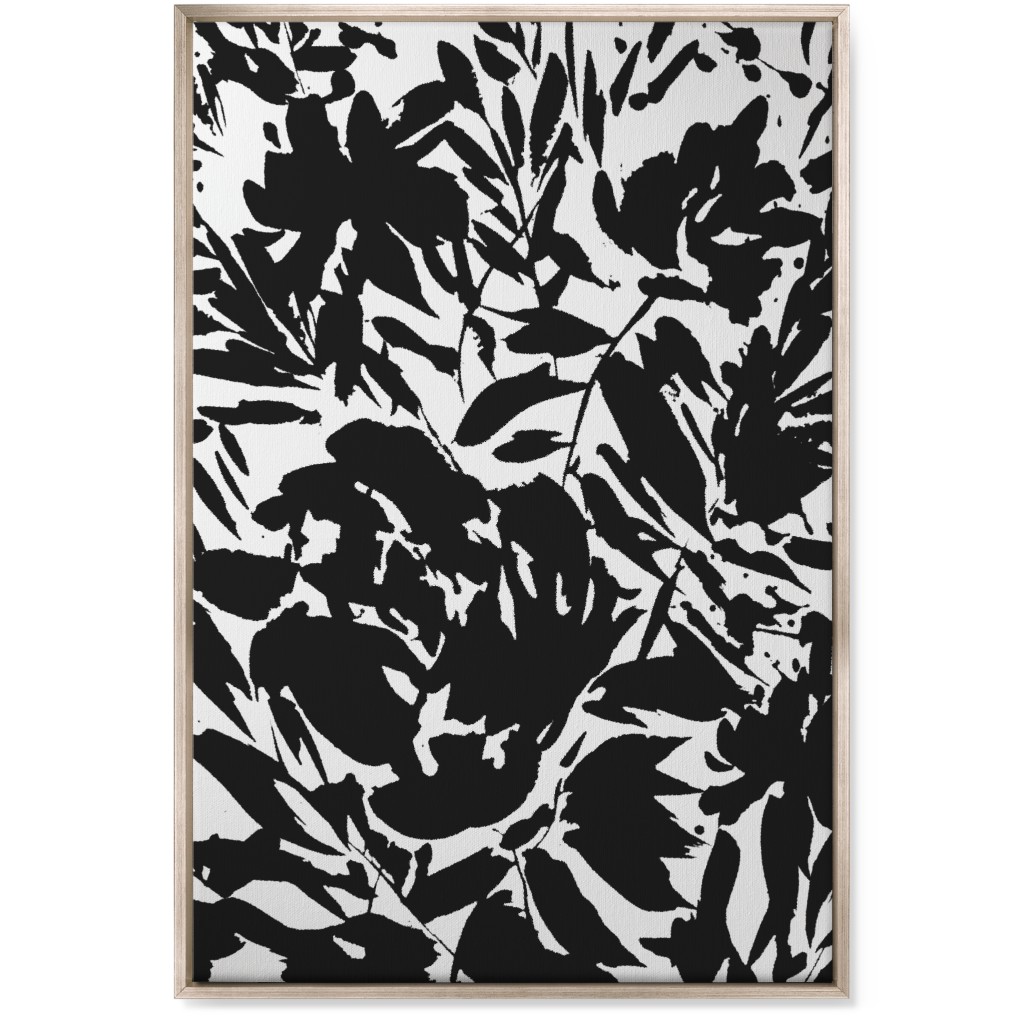 Floral Silhouette - Black and White Wall Art, Metallic, Single piece, Canvas, 24x36, Black, Black