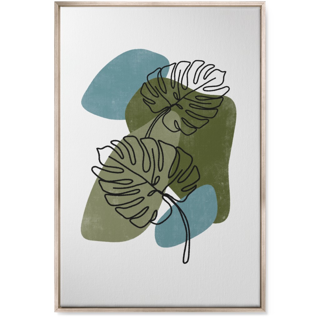 Abstract Monstera Leaves - Green and Blue Wall Art, Metallic, Single piece, Canvas, 24x36, Green