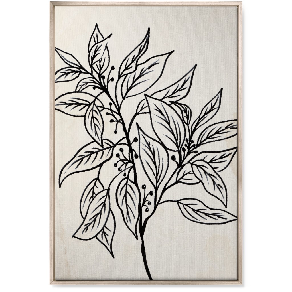 Vintage Branch With Leaves Sketch - Beige and Black Wall Art, Metallic, Single piece, Canvas, 24x36, Beige, Pearl