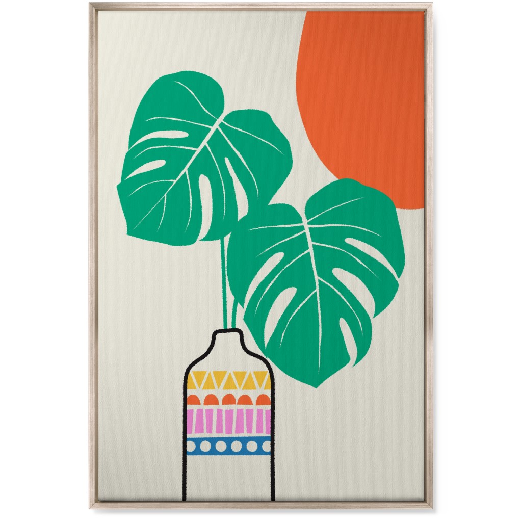 Monstera Leaves in a Vase - Neutral Wall Art, Metallic, Single piece, Canvas, 24x36, Multicolor
