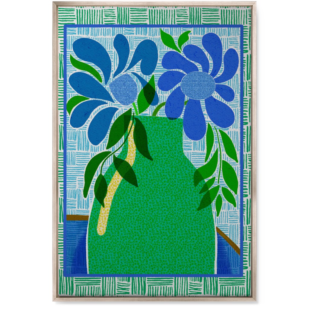 Florals in a Vase - Blue and Green Wall Art, Metallic, Single piece, Canvas, 24x36, Green