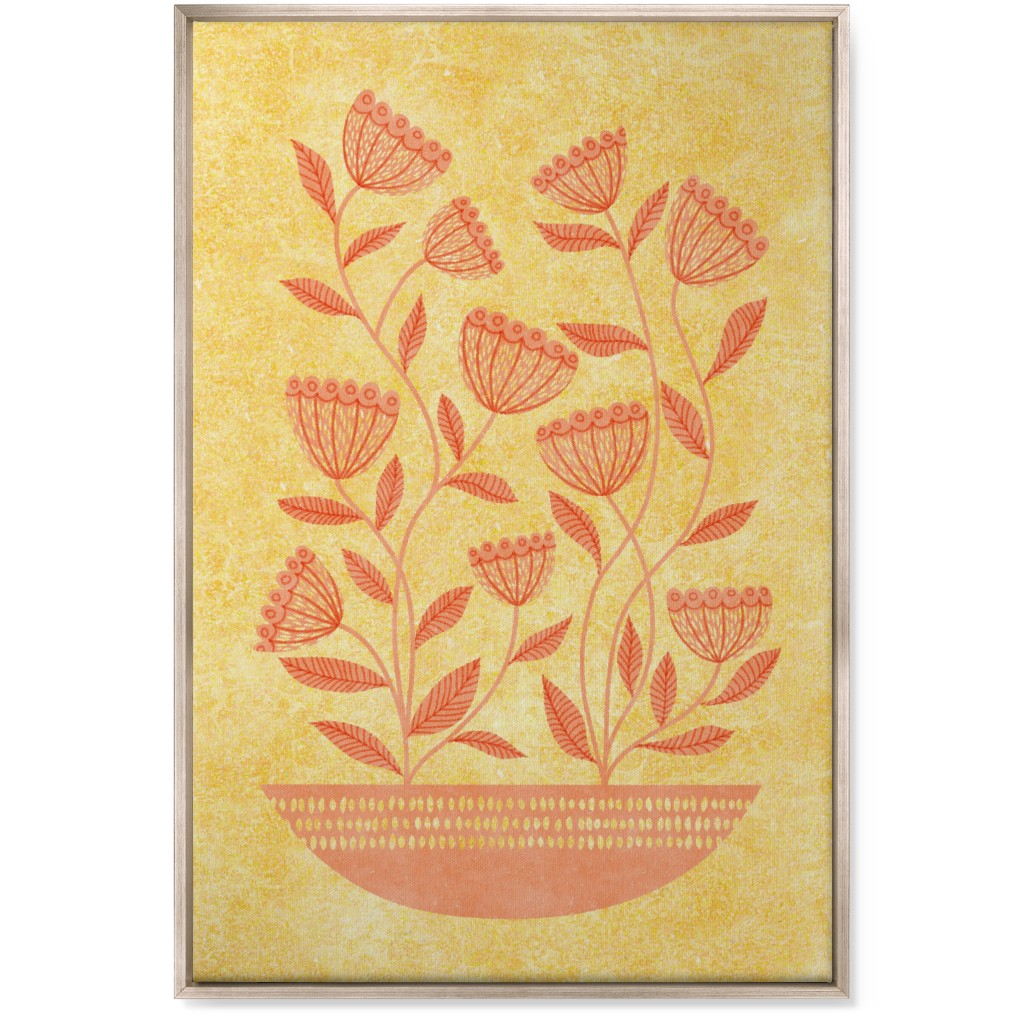Mid Century Modern Orange Floral on Yellow Wall Art, Metallic, Single piece, Canvas, 24x36, Orange