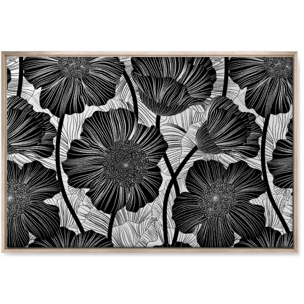 Mid Century Modern Floral - Black and White Wall Art, Metallic, Single piece, Canvas, 24x36, Black