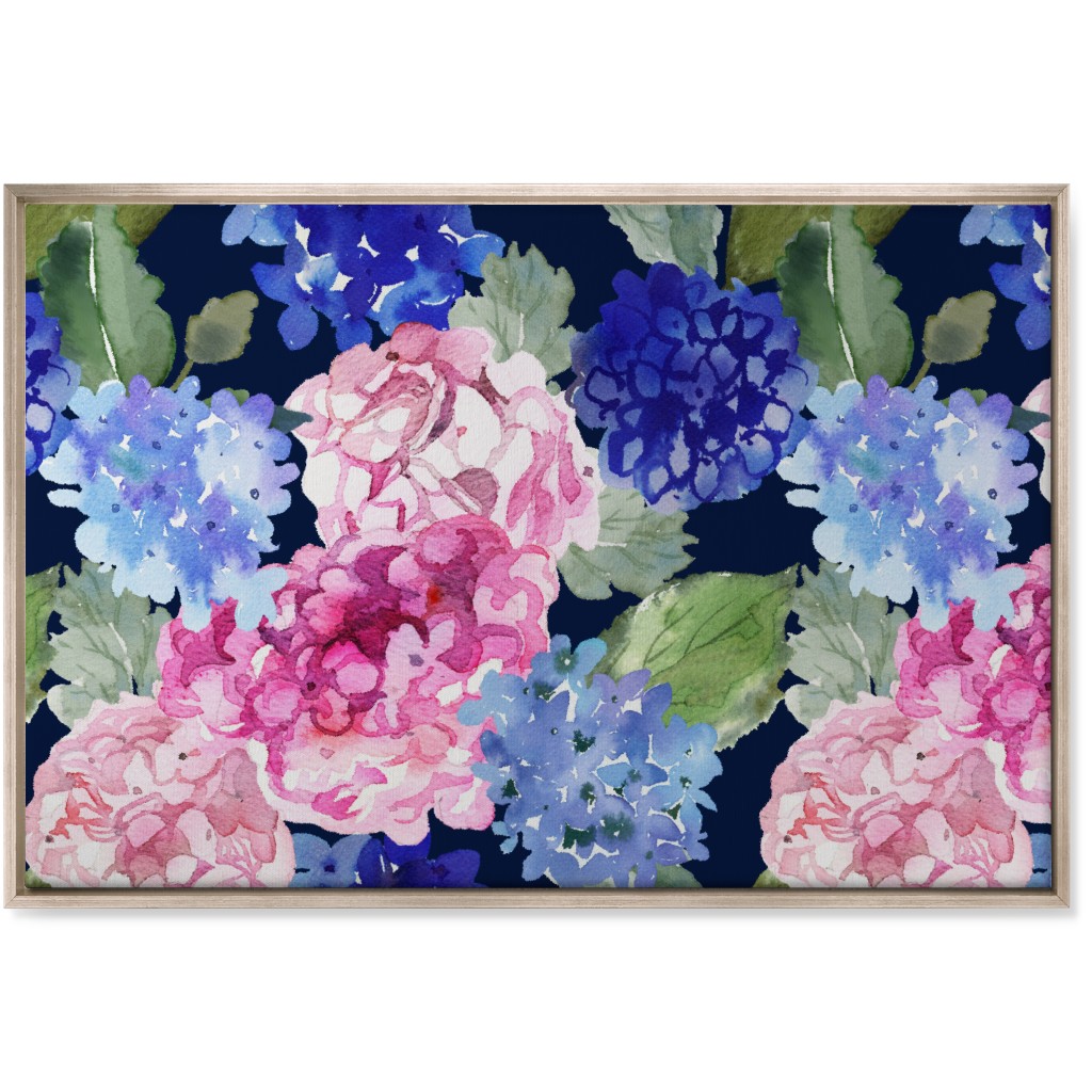 Spring Hydrangea Watercolor - Navy Wall Art, Metallic, Single piece, Canvas, 24x36, Multicolor