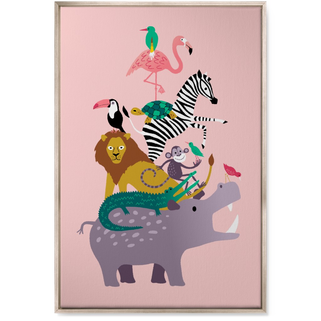 Wild Animal Tower - Pink Wall Art, Metallic, Single piece, Canvas, 24x36, Multicolor