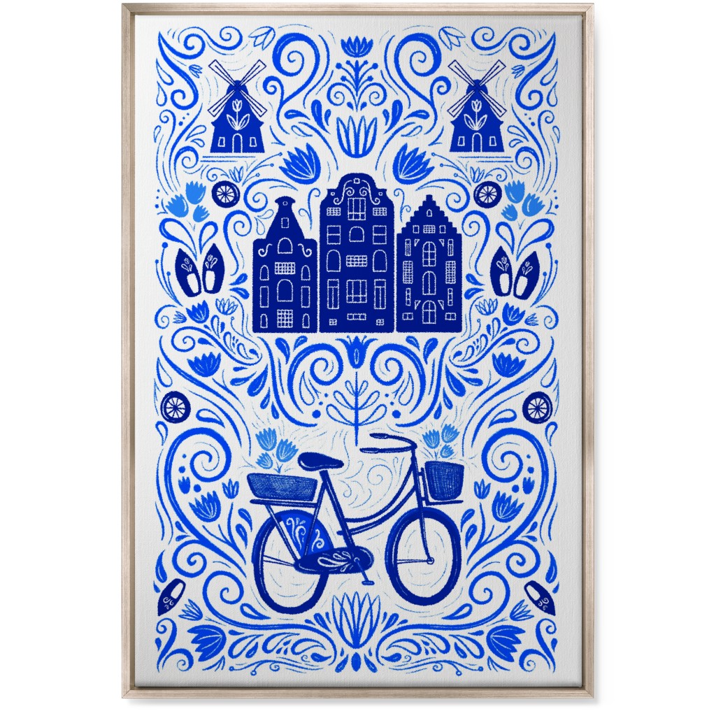 Dutch Bike Folk Art - Blue Wall Art, Metallic, Single piece, Canvas, 24x36, Blue